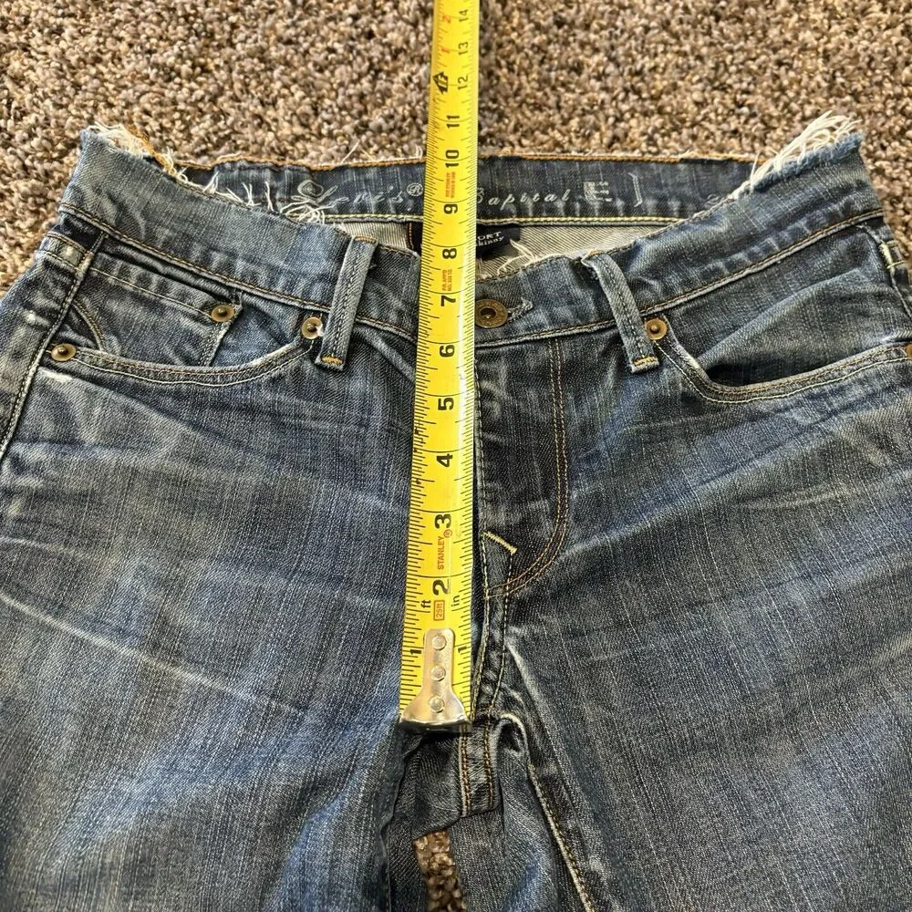 Levi’s Capital Long Shorts 26 Blue Denim Frayed Waist Below Knee Skinny - Picture 9 of 13
